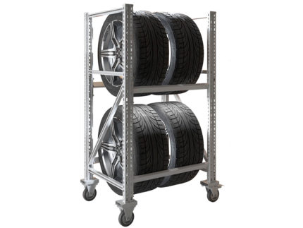 Передвижной стеллаж предназначен для удобного и безопасного хранения колес в гаражах